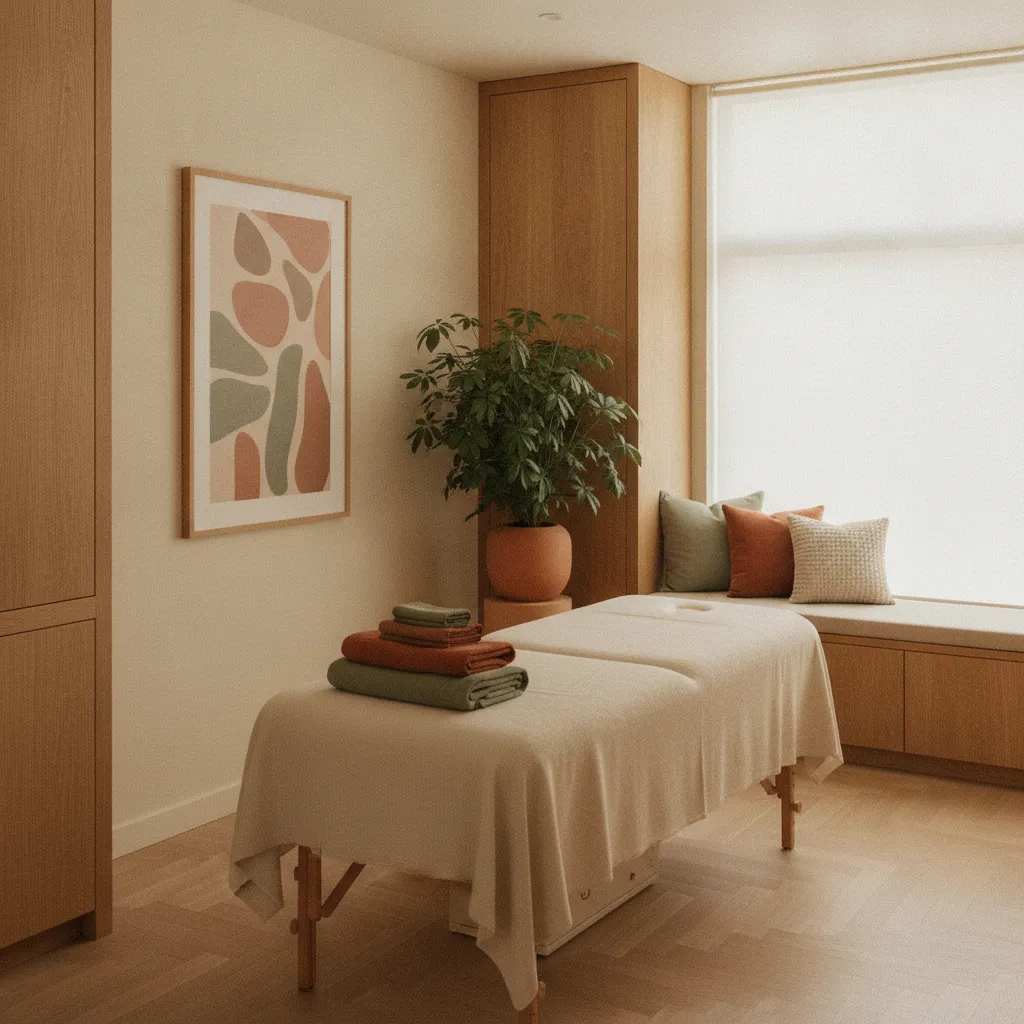 Het lichte, warm ingerichte interieur van Fysiotherapie Polderhof in Almere